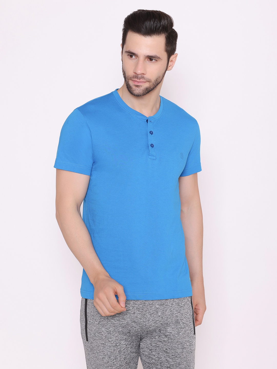 

BODYACTIVE Men Blue Henley Neck Cotton T-shirt