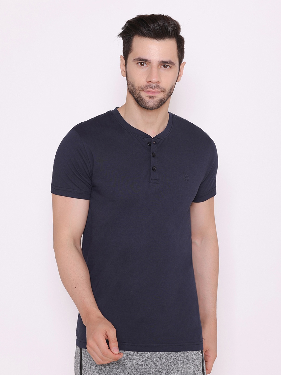

BODYACTIVE Men Navy Blue Henley Neck Cotton T-shirt