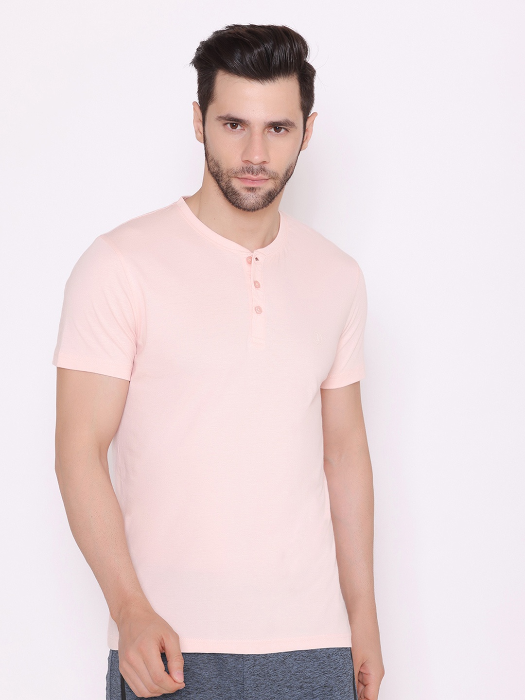 

BODYACTIVE Men Peach-Coloured Henley Neck Cotton T-shirt