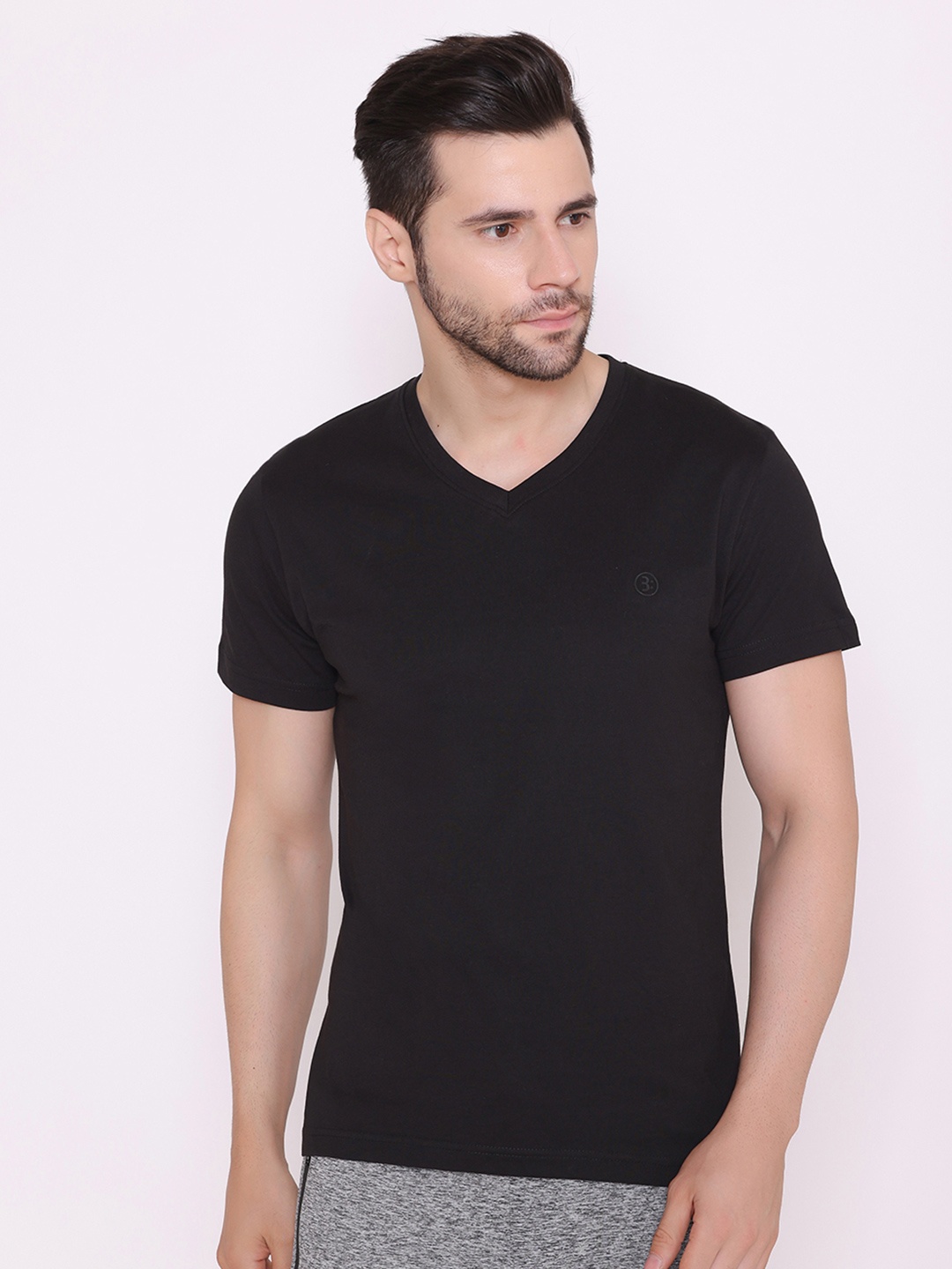 

BODYACTIVE Men Black V-Neck Cotton T-shirt