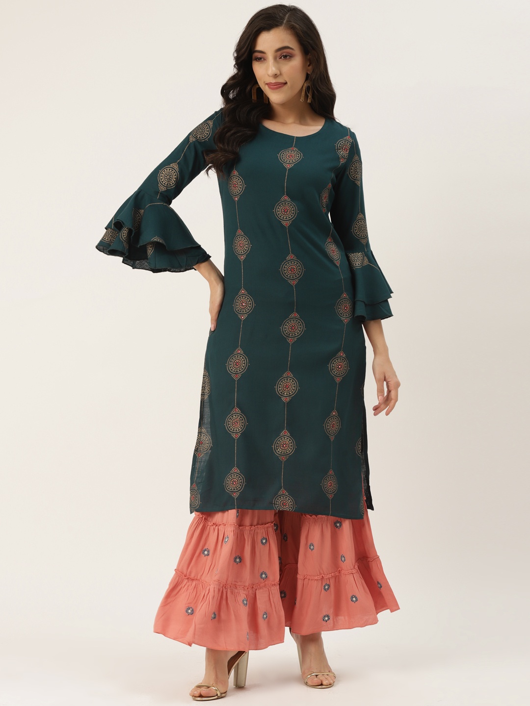 

KBZ Women Teal Ethnic Motifs Printed Kurta with Sharara