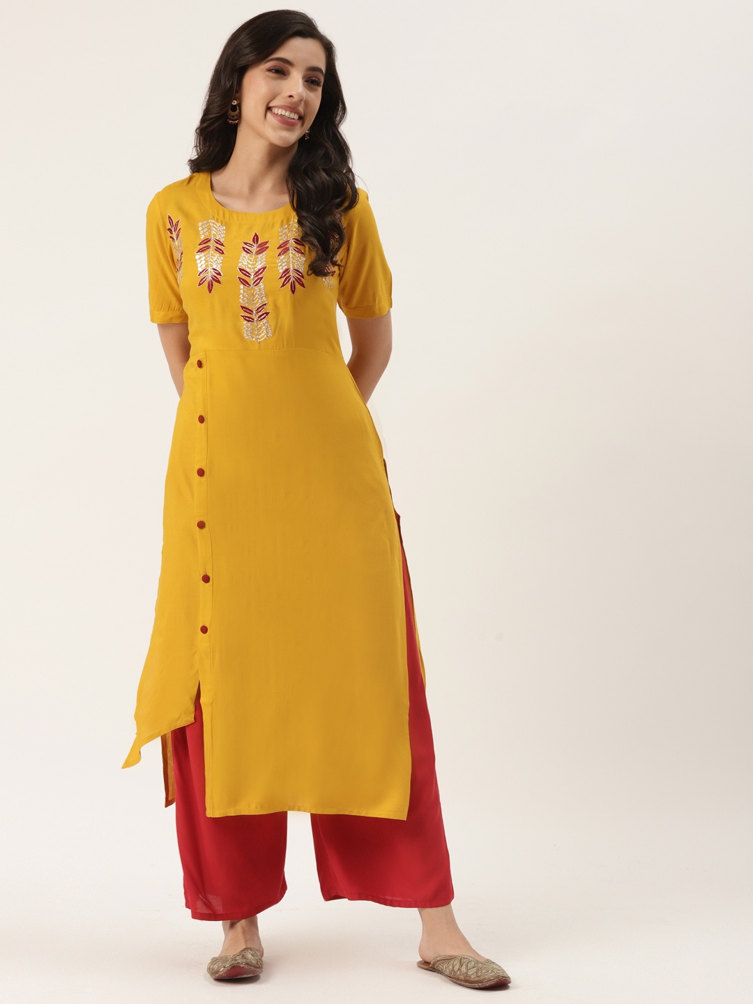 

KBZ Women Mustard Yellow & Red Ethnic Motifs Printed Kurta