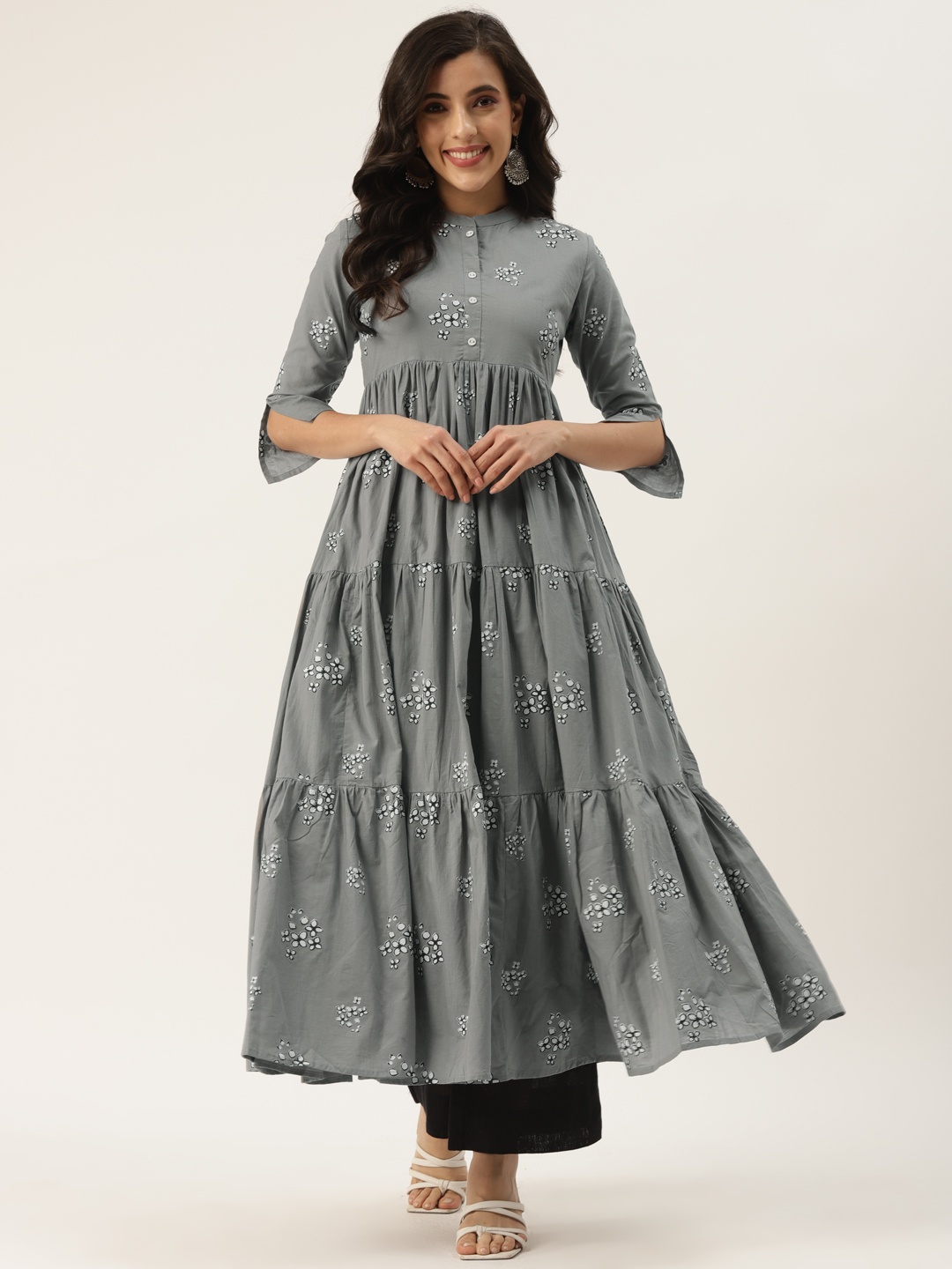 

KBZ Women Grey & White Ethnic Motifs Printed Anarkali Kurta