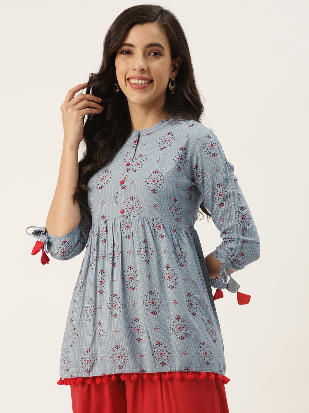 

KBZ Grey & Red Print Mandarin Collar Top