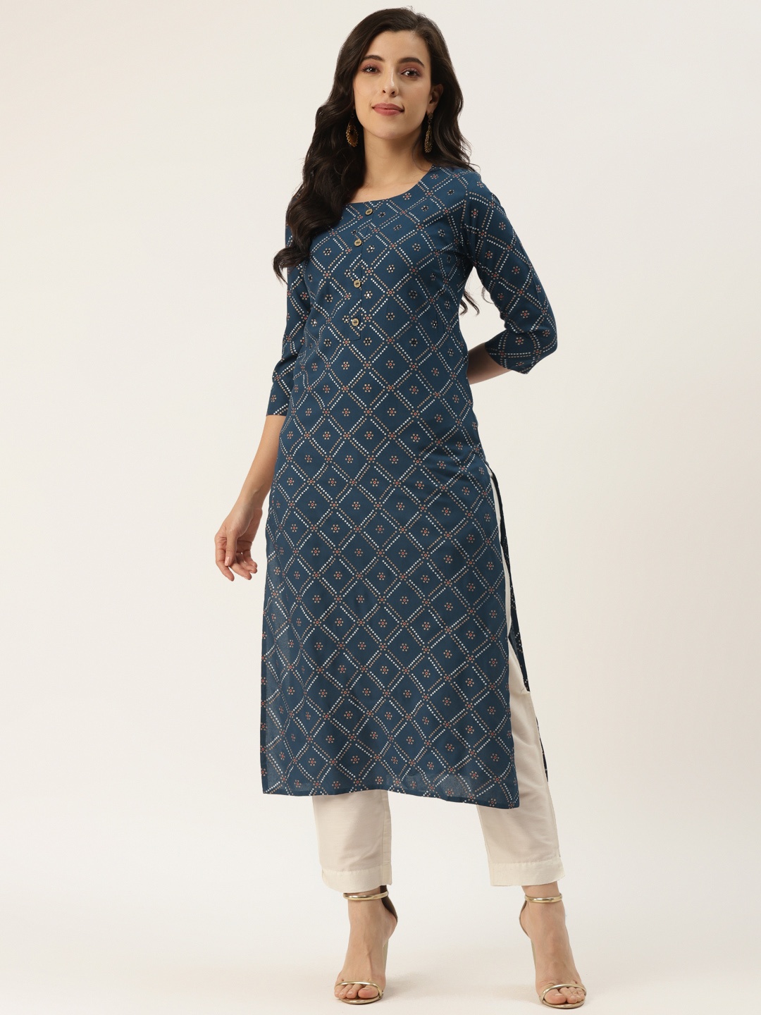 

KBZ Women Navy Blue & White Bandhani Printed Kurta