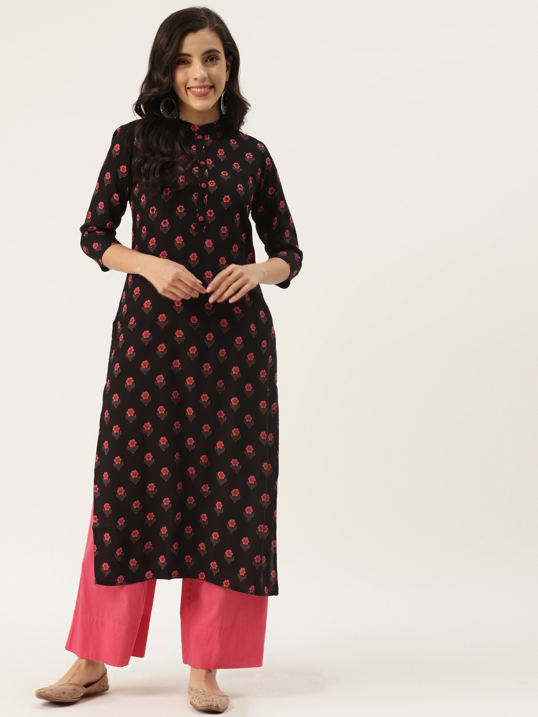 

KBZ Women Black & Pink Floral Printed Kurta