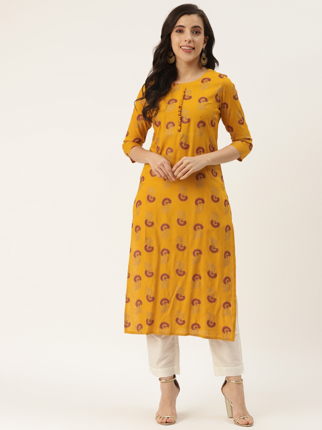 

KBZ Women Mustard Yellow & Maroon Ethnic Motifs Printed Kurta