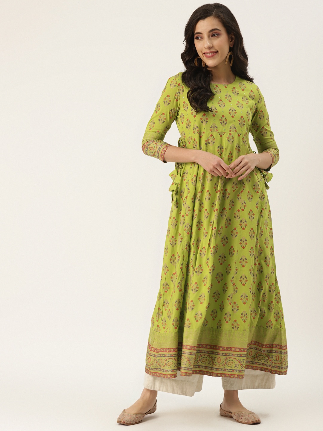 

KBZ Women Green & Red Ethnic Motifs Printed Mirror Work Kurta