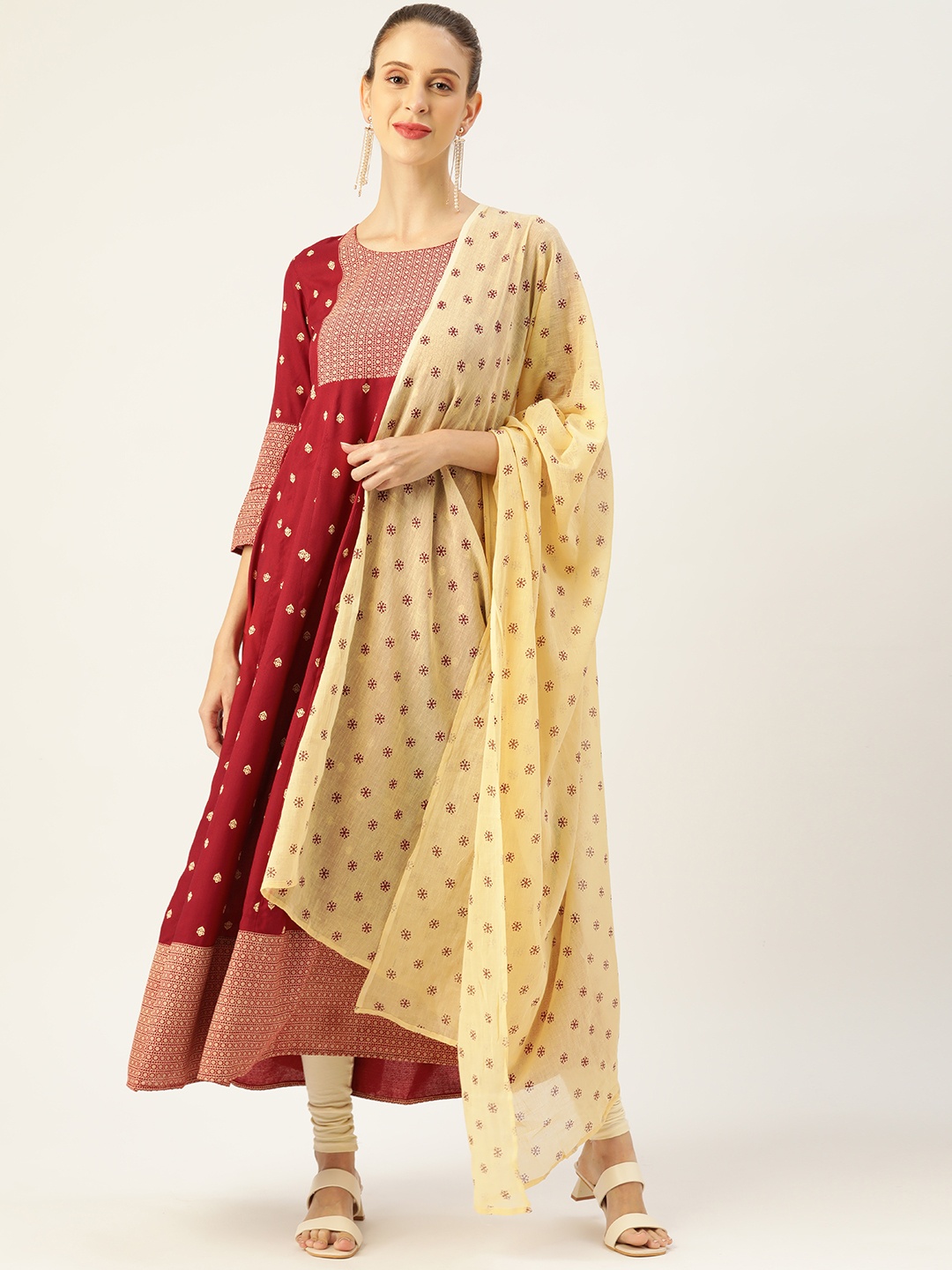 

KBZ Women Maroon & Beige Ethnic Motifs Printed Kurta with Dupatta