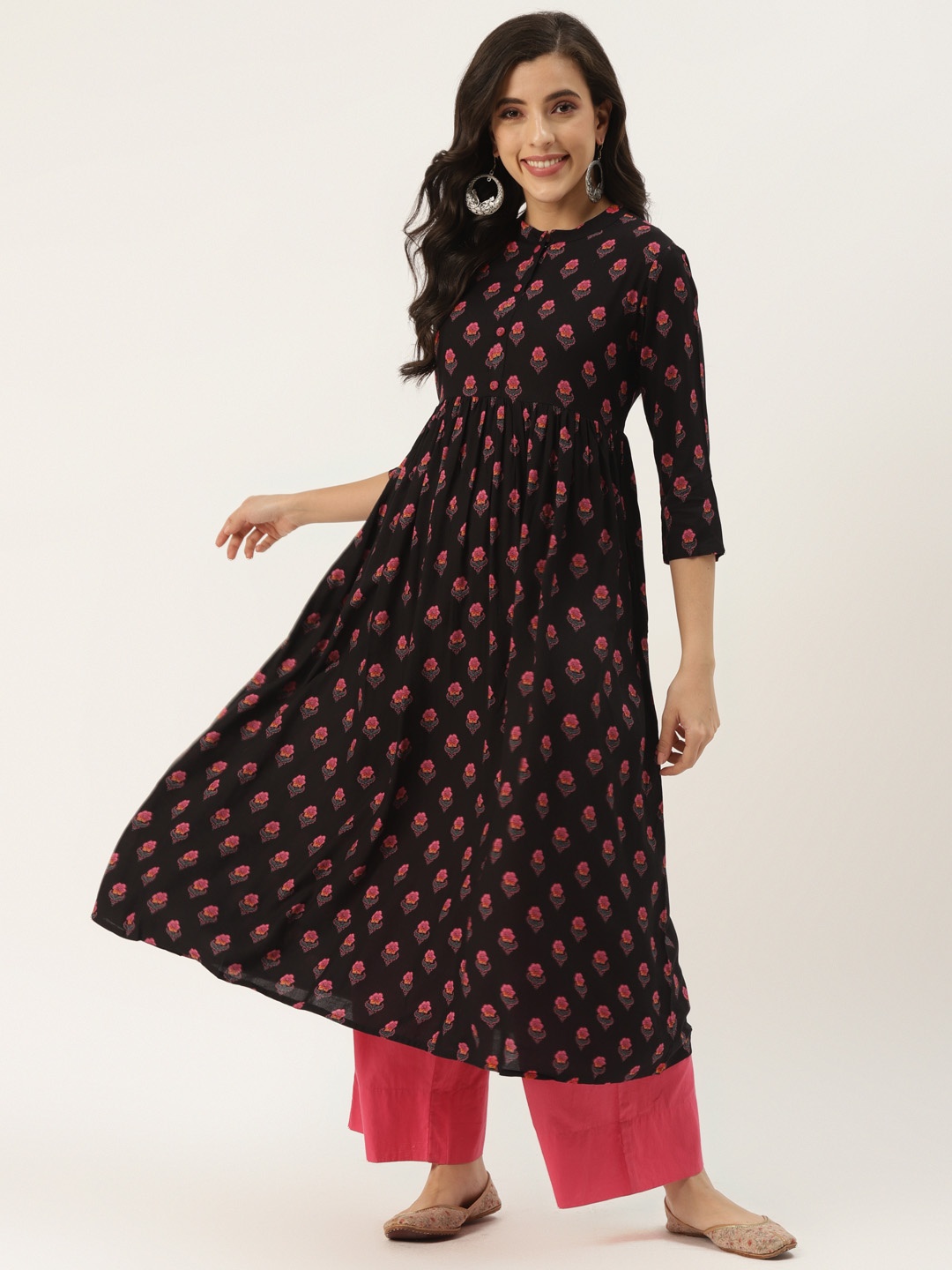 

KBZ Women Black & Pink Floral Printed Kurta