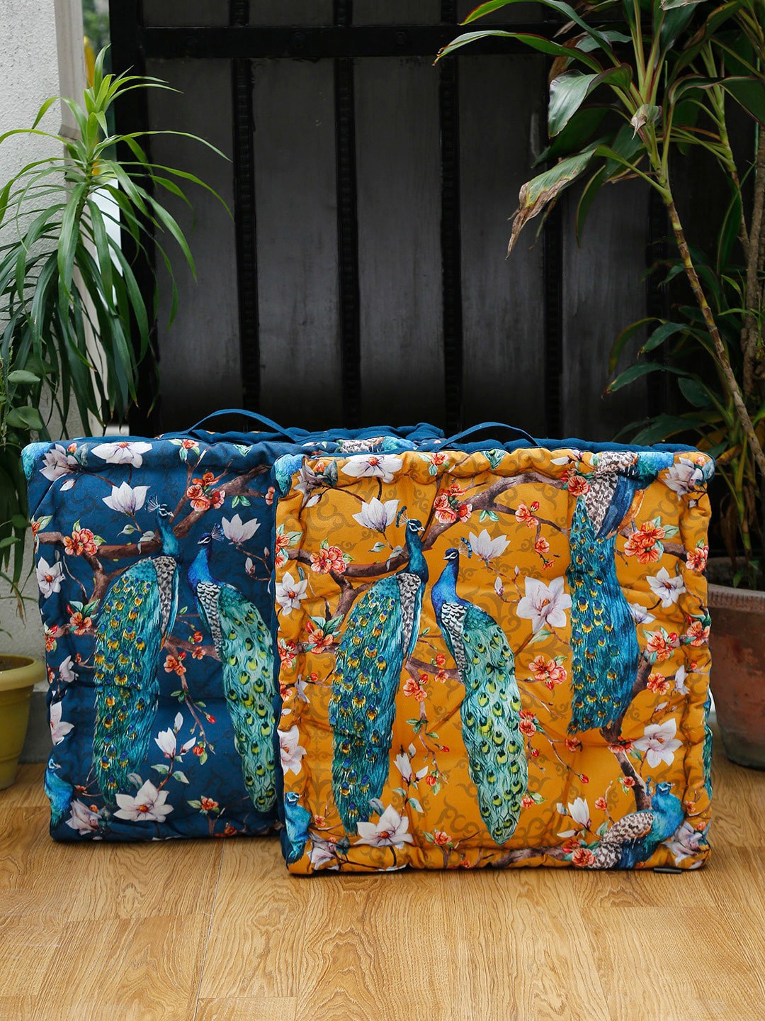 

BLANC9 Mustard & Blue Printed Square Floor Cushion