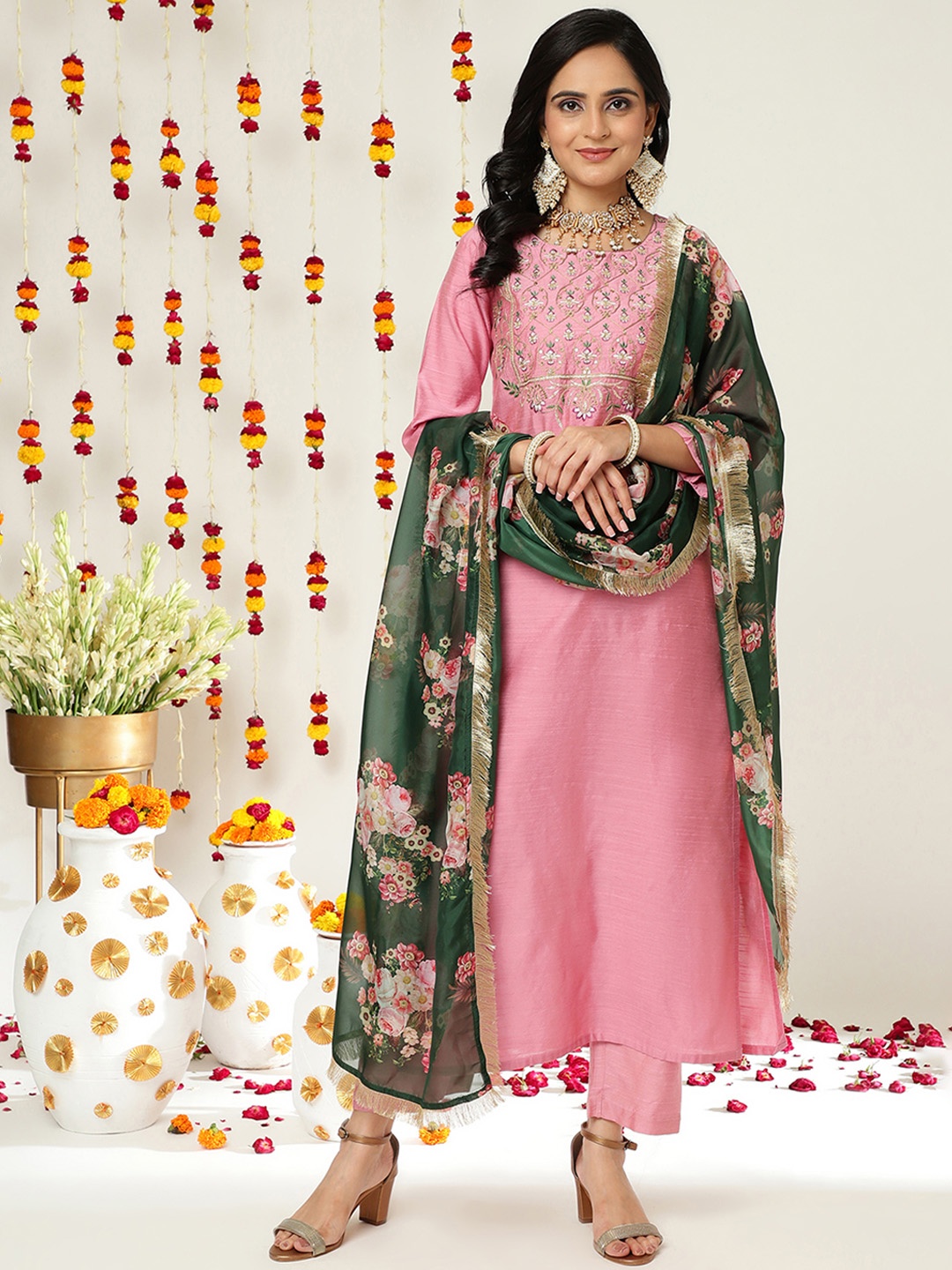 

Varanga Women Pink Ethnic Motifs Embroidered Dupion Silk Kurta with Palazzos & With Dupatta