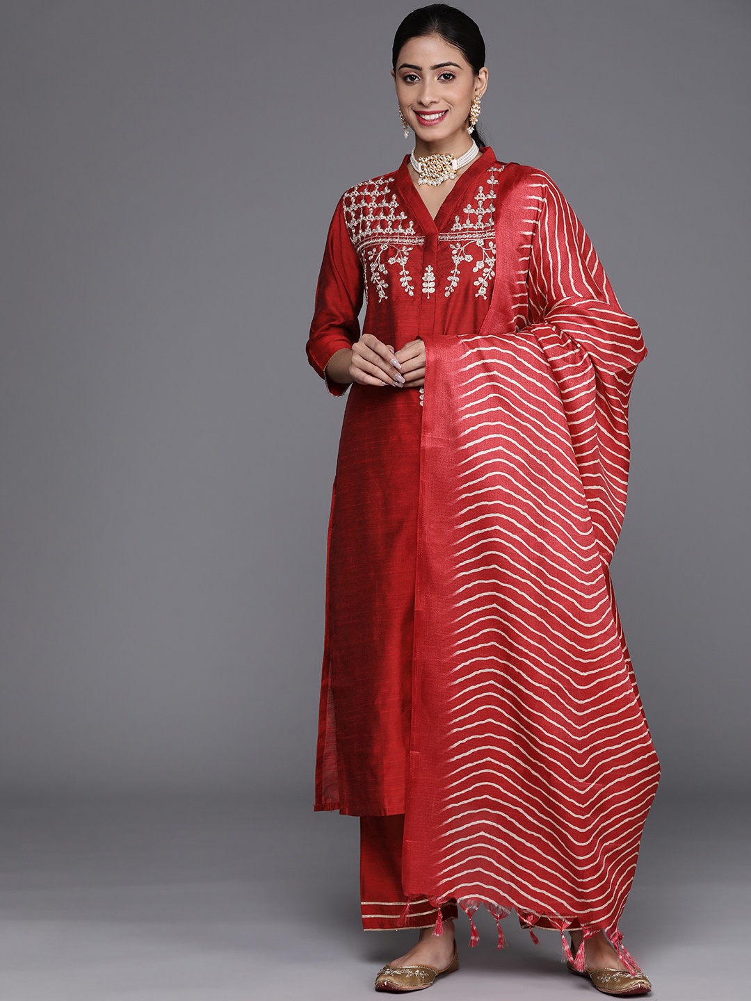 

Varanga Women Red Ethnic Motifs Embroidered Kurta with Trousers & With Dupatta