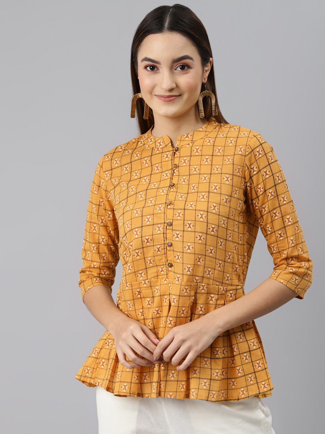 MALHAAR Mustard Yellow & Beige Ethnic Motifs Printed Pleated Kurti