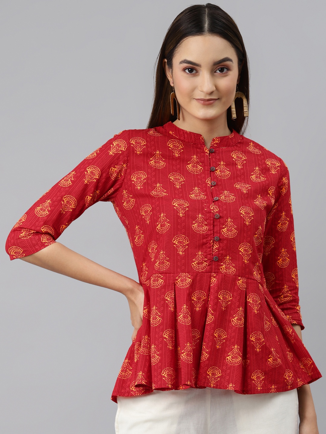 

MALHAAR Red & Yellow Ethnic Motifs Printed Pure Cotton Pleated Kurti
