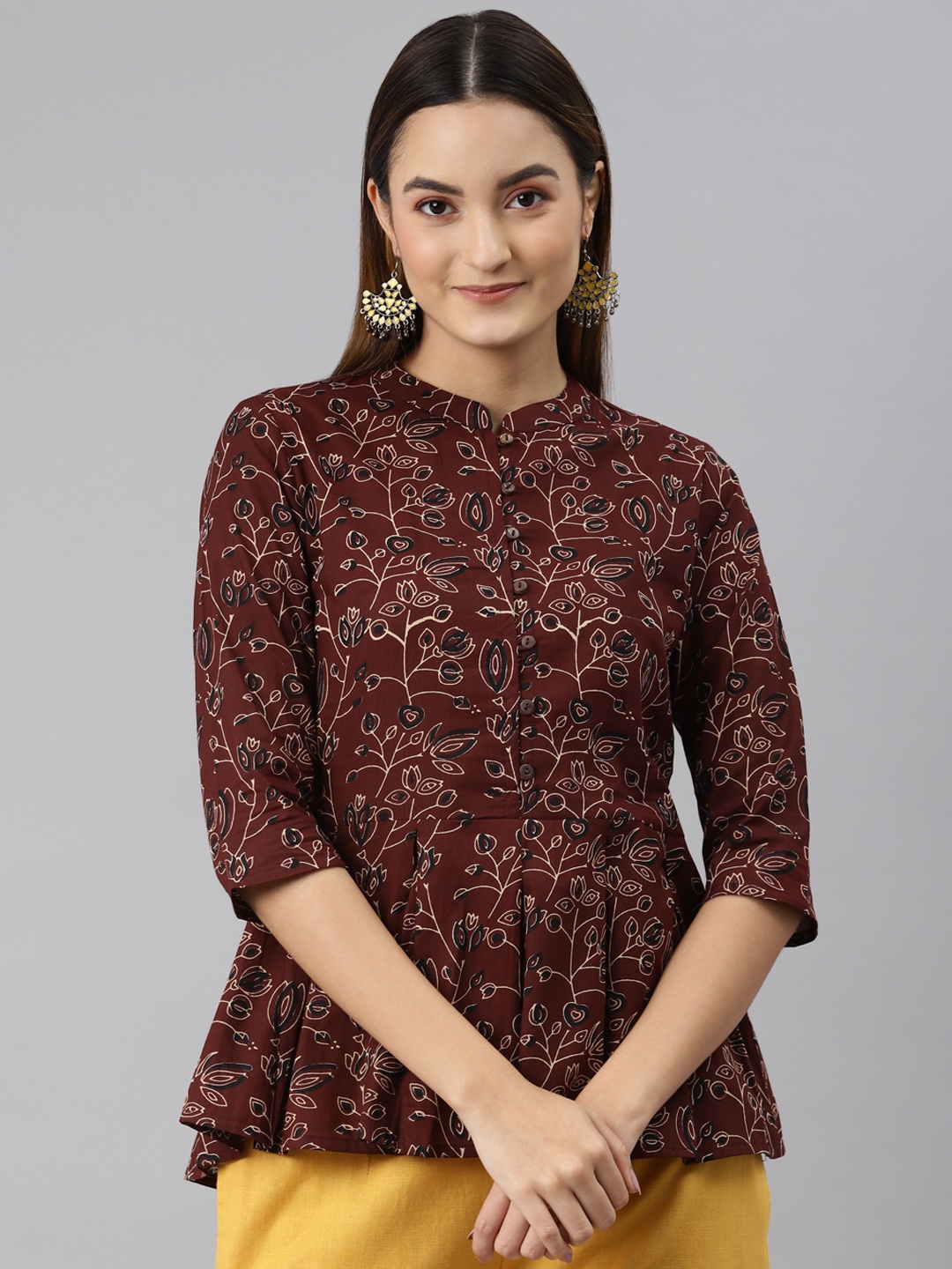 

MALHAAR Maroon & Black Ethnic Motifs Printed Pure Cotton Kurti