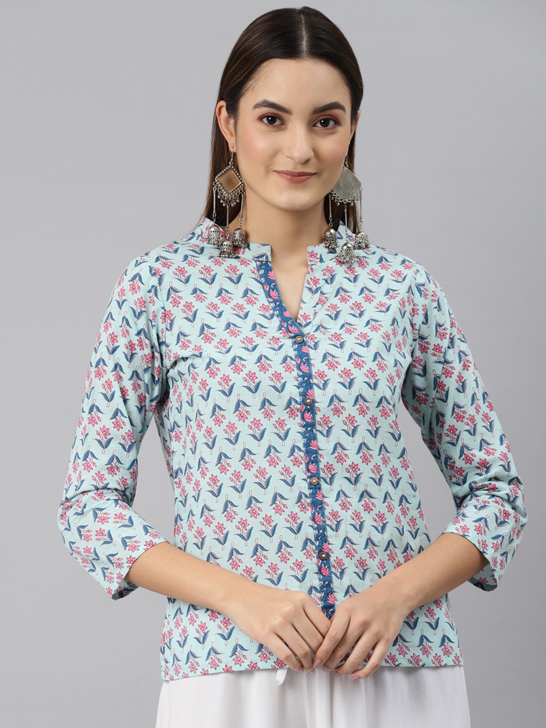 

MALHAAR Blue & Pink Ethnic Motifs Printed Pure Cotton Kurti