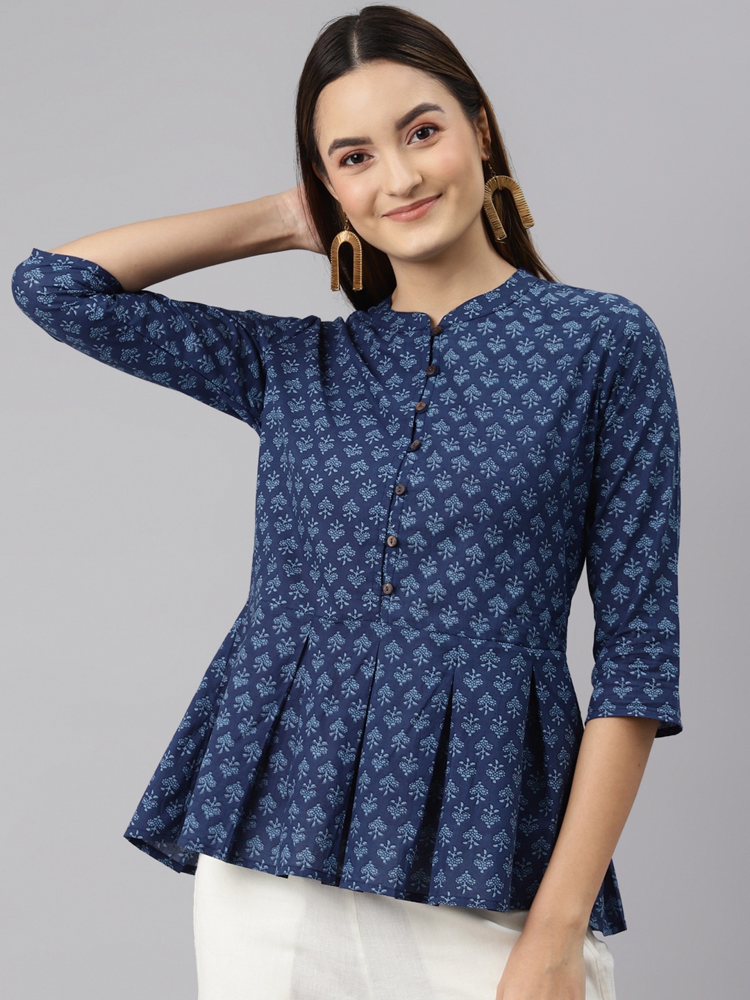 

MALHAAR Navy Blue Ethnic Motifs Printed Pure Cotton Pleated Kurti