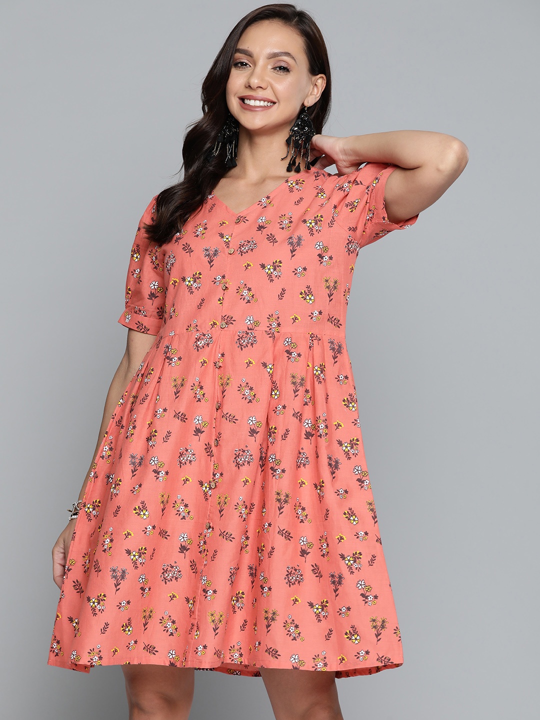 

HERE&NOW Peach-Coloured Floral A-Line Dress