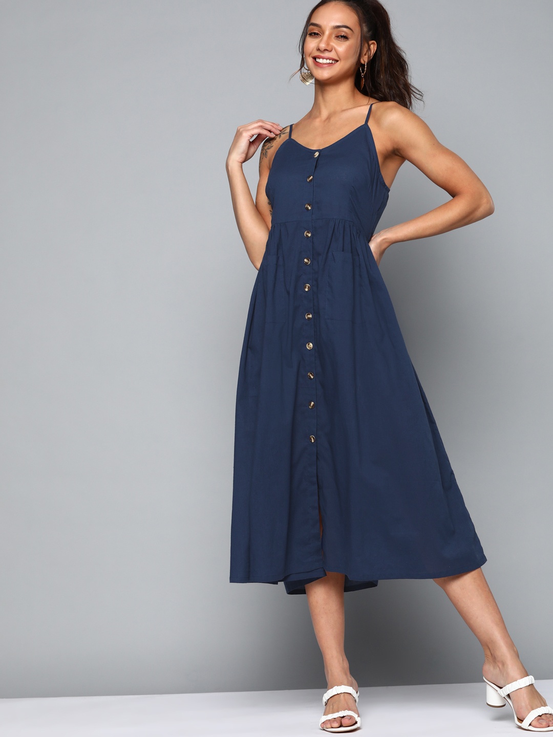 

HERE&NOW Navy Blue Shoulder Strap A-Line Dress