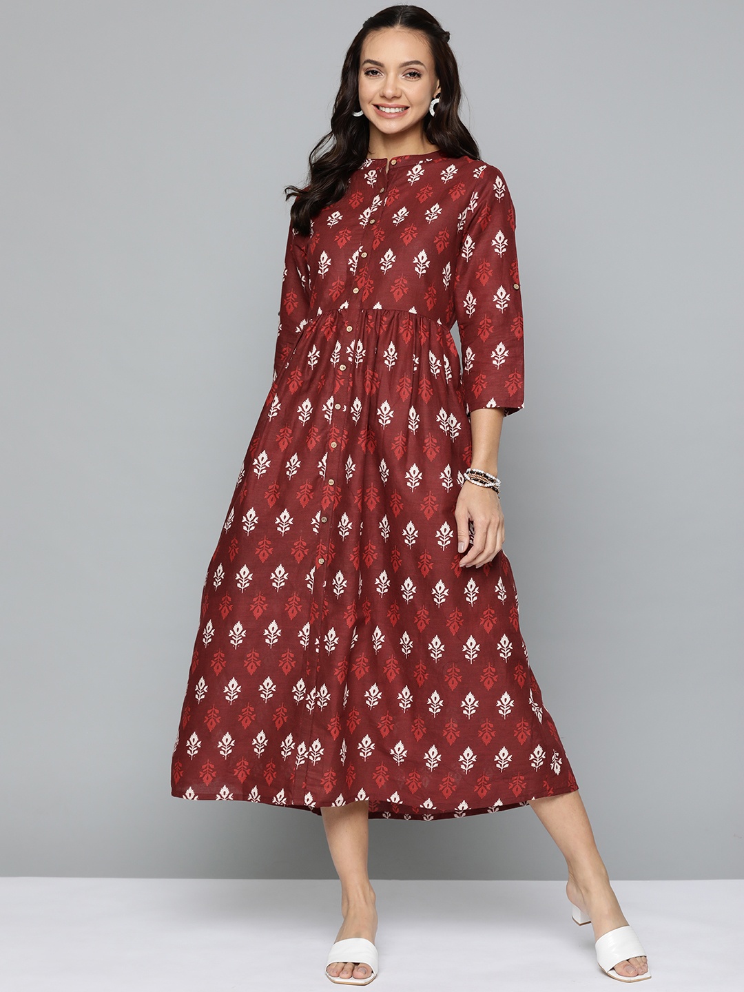 

HERE&NOW Women Maroon & White Ethnic Motifs Pure Cotton A-Line Midi Dress