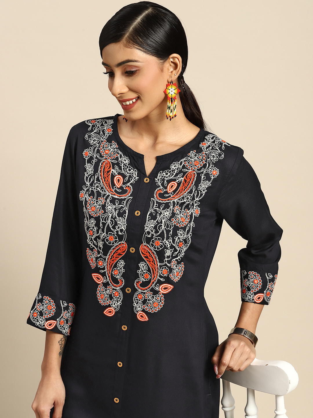 

Sangria Women Navy Blue Ethnic Motifs Embroidered Kurta