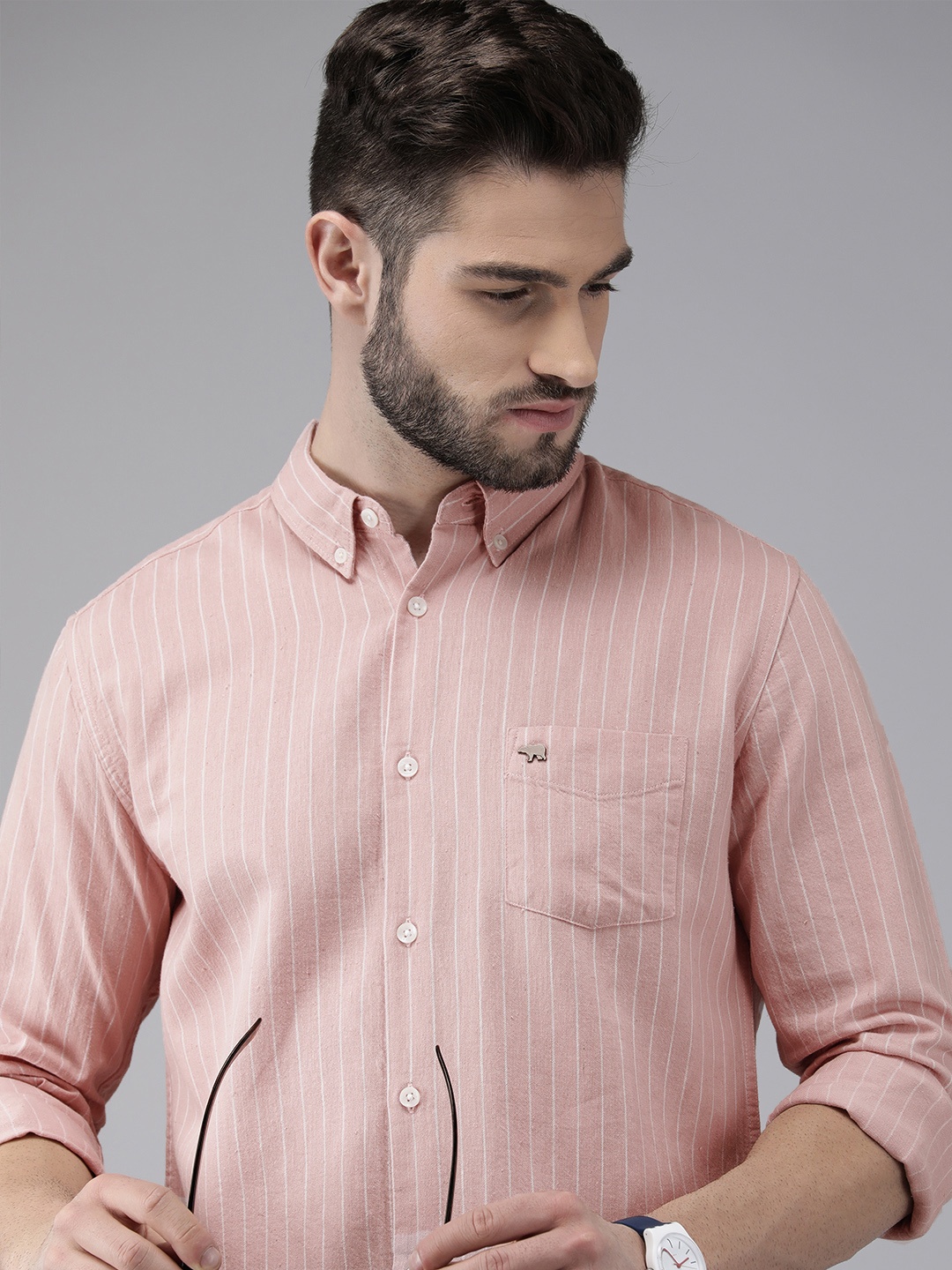 

THE BEAR HOUSE Men Pink Cotton Linen Slim Fit Striped Casual Shirt