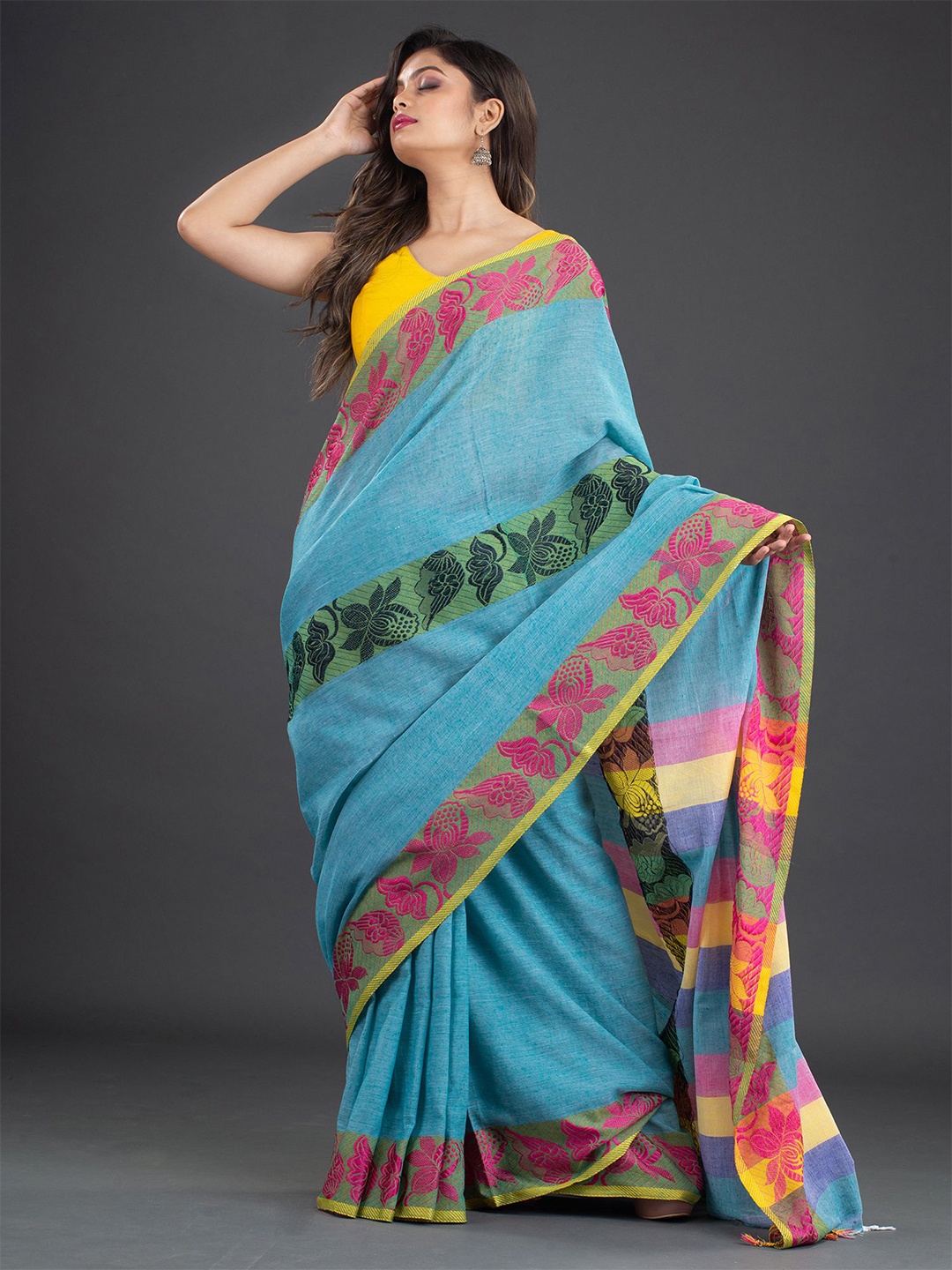 

Arhi Blue & Pink Floral Pure Cotton Saree