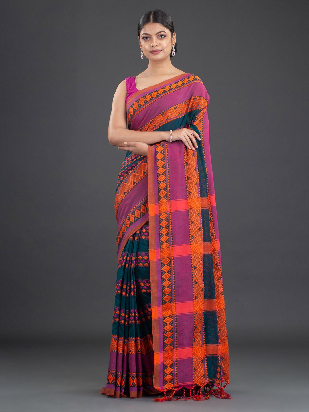 

Arhi Teal & Orange Woven Design Pure Cotton Saree