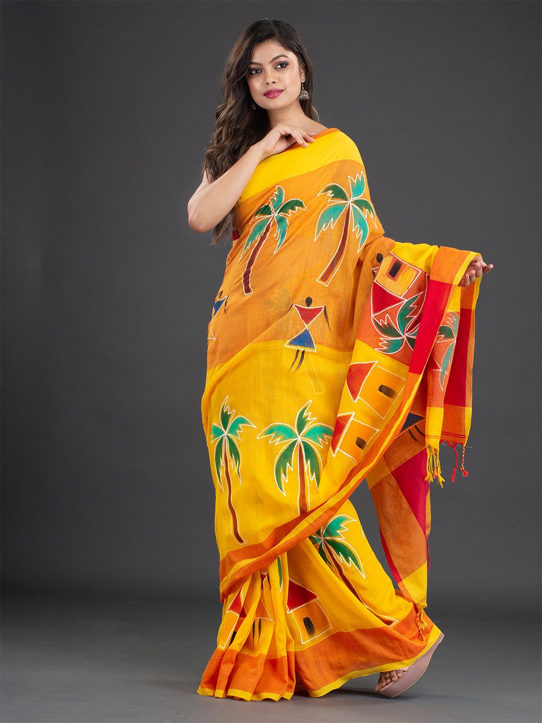 

Arhi Women Yellow Warli Print Pure Cotton Saree