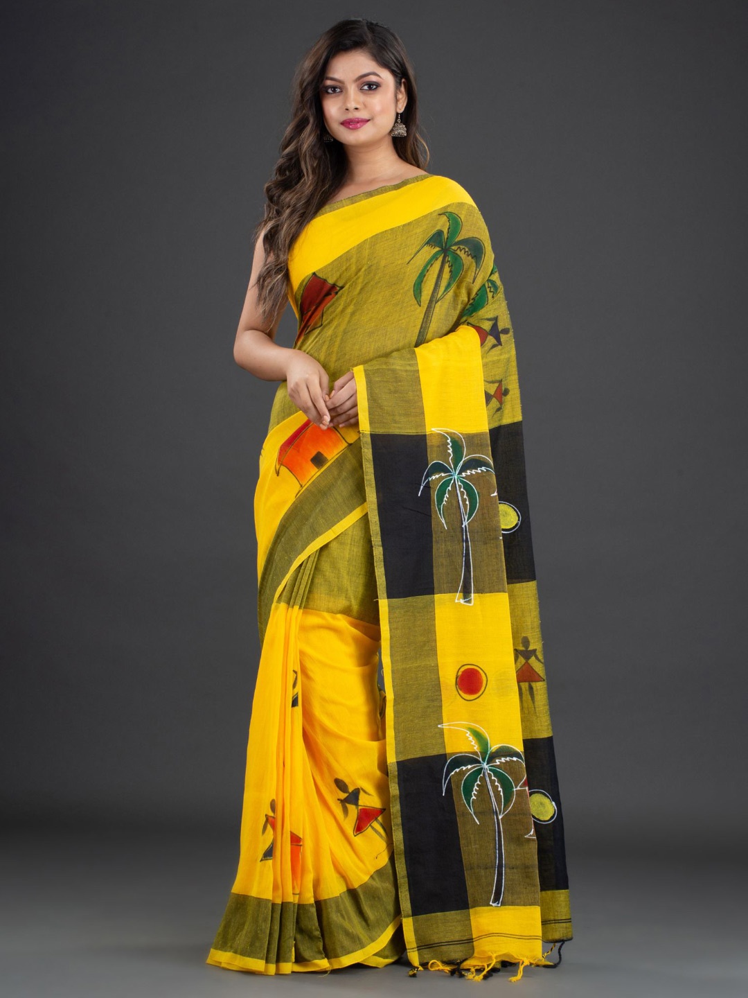 

Arhi Women Yellow Warli Print Pure Cotton Saree