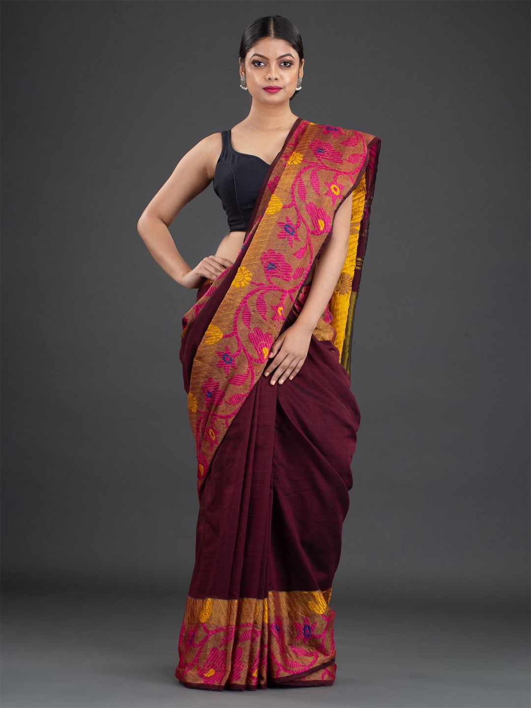 

Arhi Burgundy & Yellow Woven Design Pure Cotton Saree