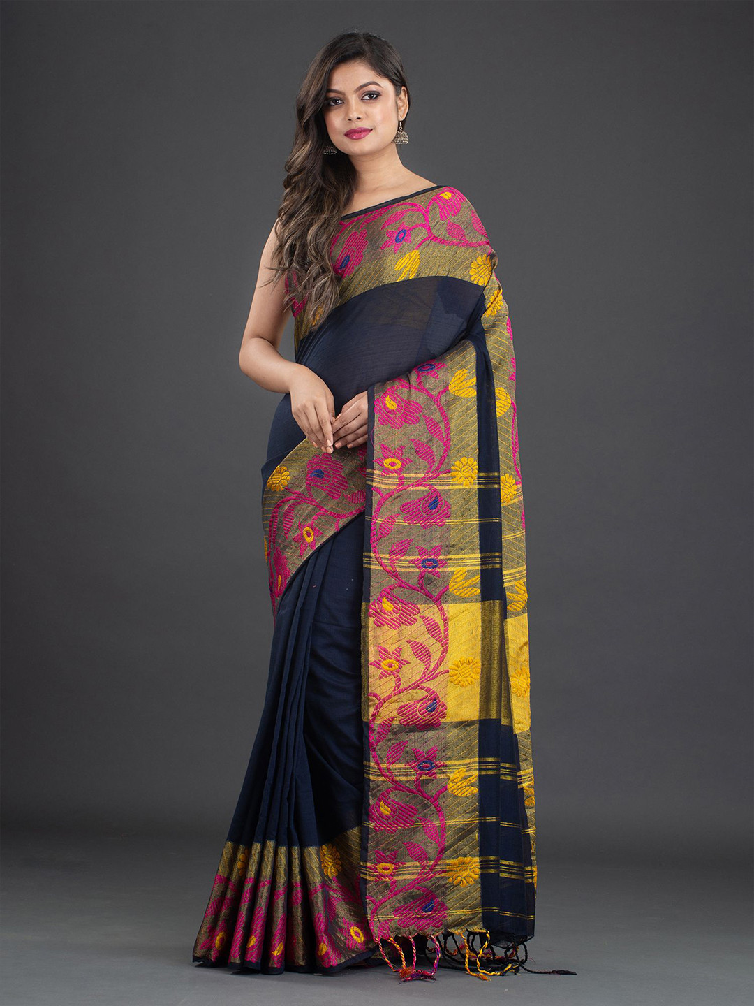 

Arhi Navy Blue & Yellow Woven Design Handwoven Pure Cotton Saree