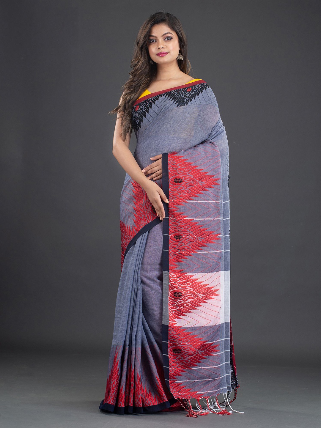 

Arhi Grey & Red Pure Cotton Saree With Woven Design Border