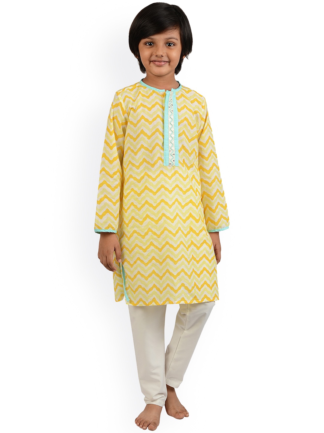 

frangipani Boys Yellow & White Chevron Printed Pure Cotton Kurta with Churidar