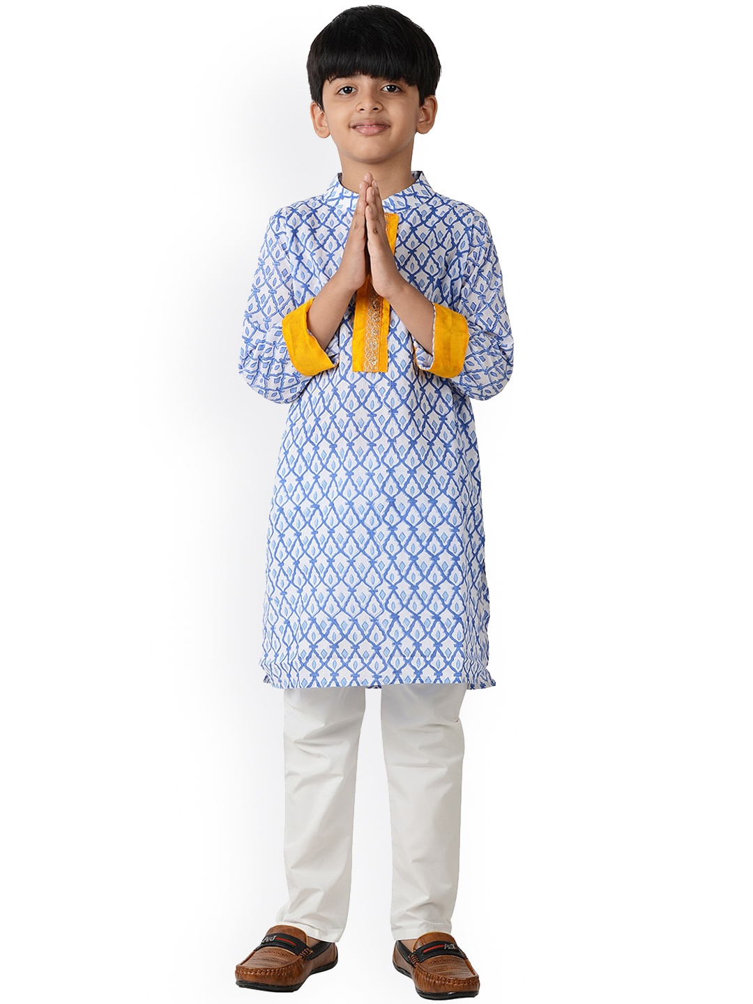 

frangipani Boys Blue Floral Printed Pure Cotton Kurta with Pyjamas