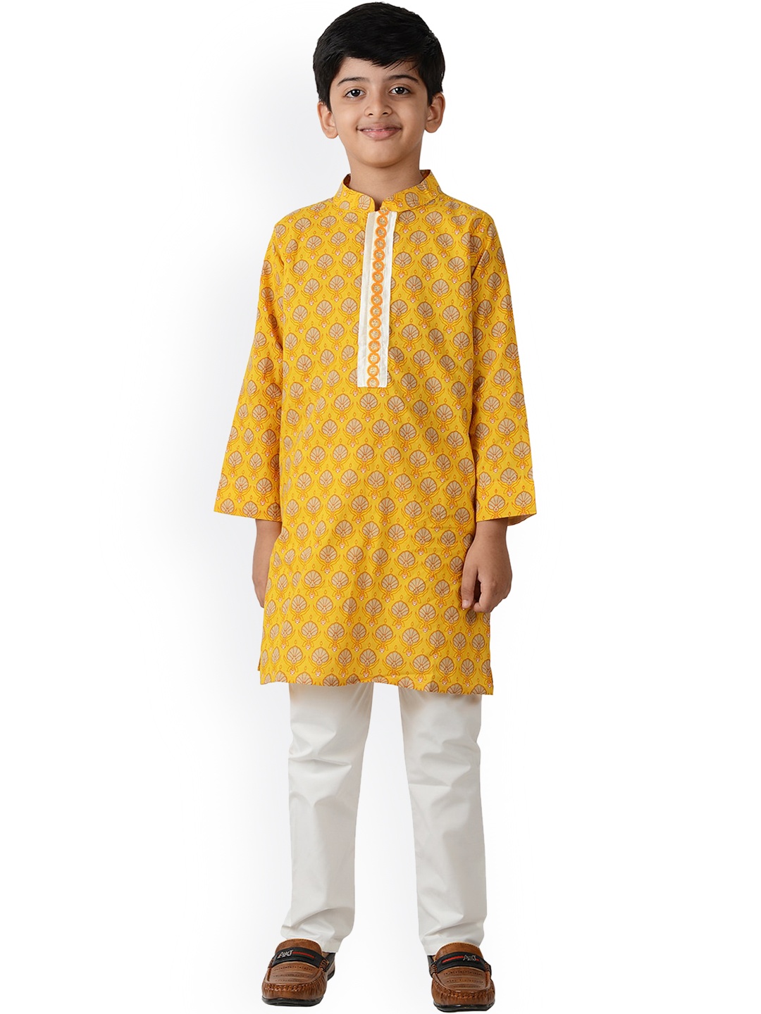 

frangipani Boys Orange Floral Printed Pure Cotton Kurta with Pyjamas