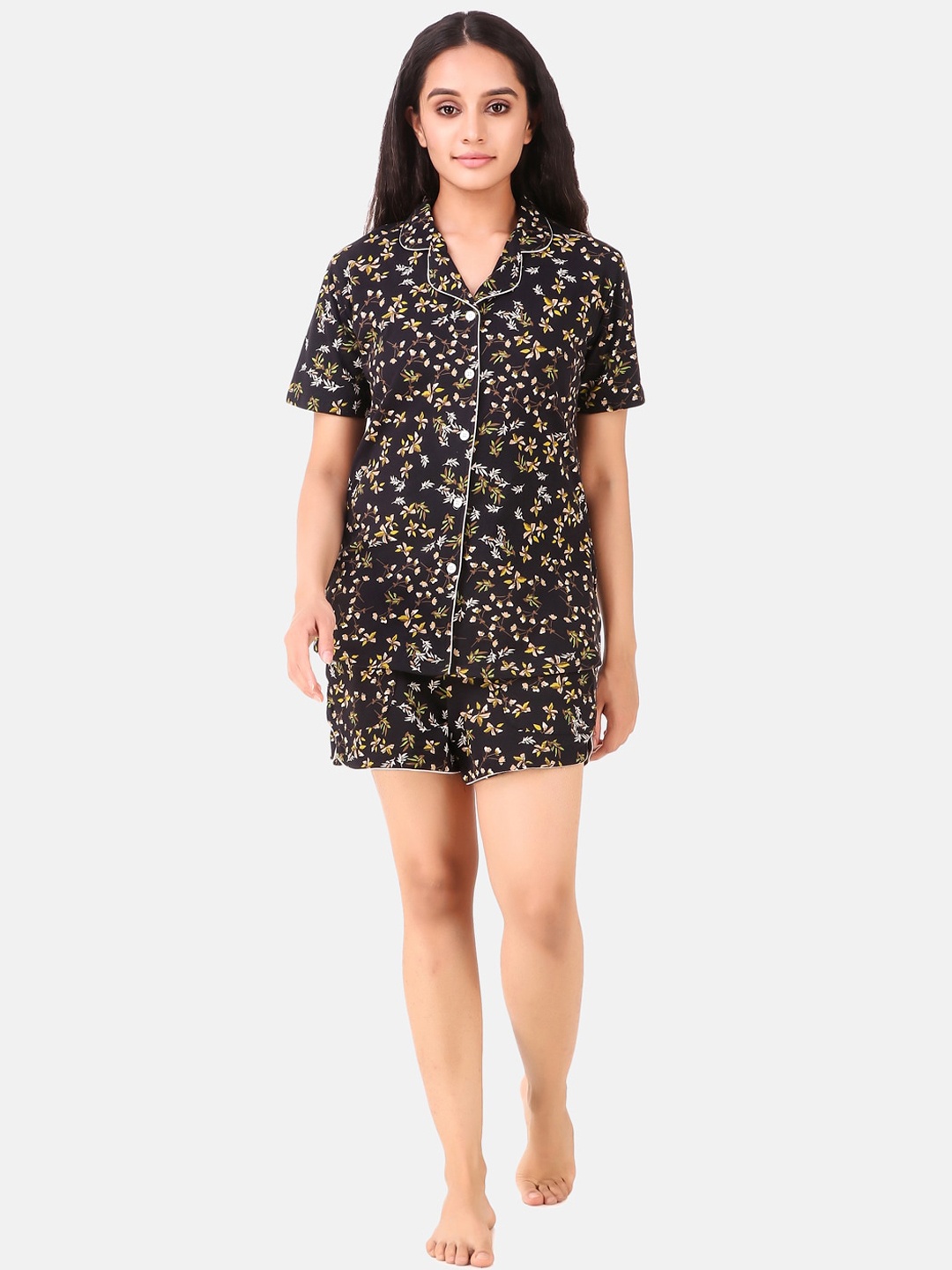 

Masha Women Black Printed Cotton Night suit
