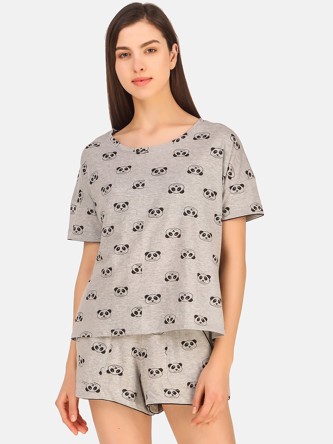 

Masha Women Grey Printed Cotton Night suit