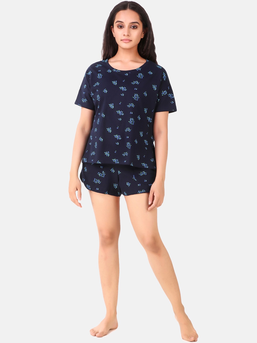 

Masha Women Navy Blue Printed Cotton Night suit
