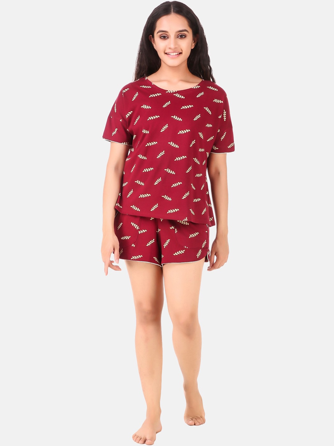 

Masha Women Maroon & Maroon Printed Cotton Night suit
