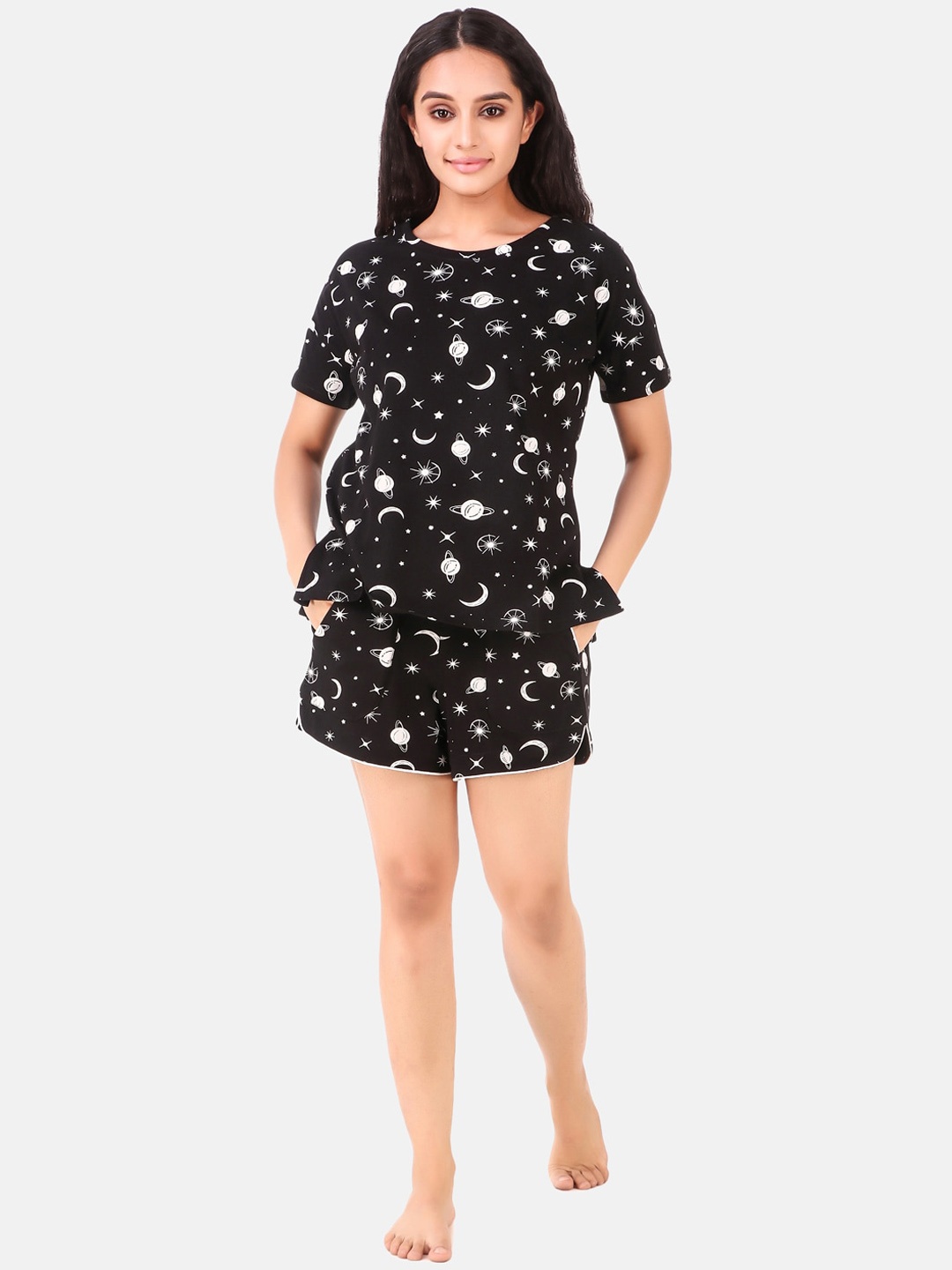 

Masha Women Black Printed Cotton Night suit