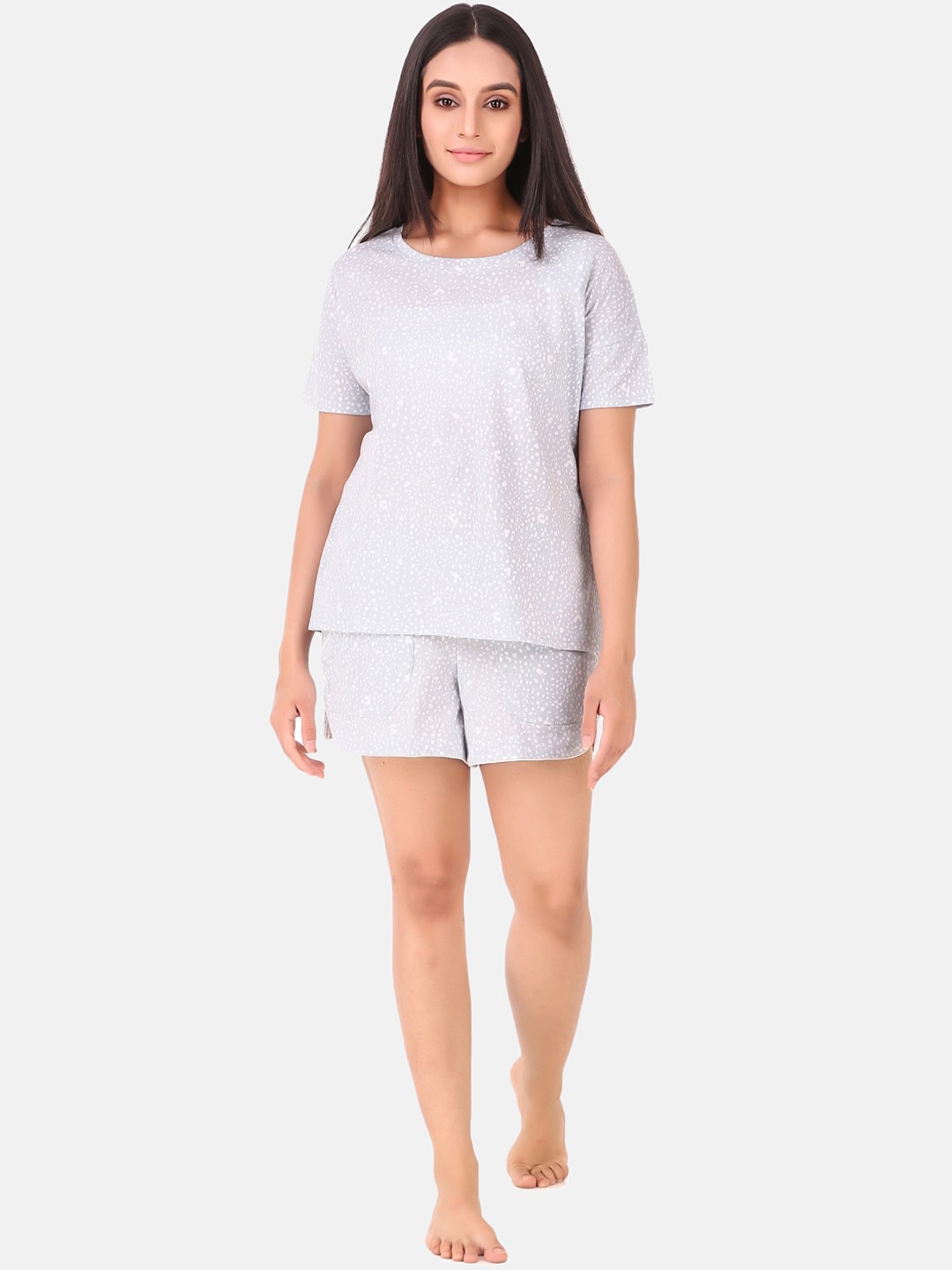 

Masha Women Grey & Grey Printed Cotton Night suit