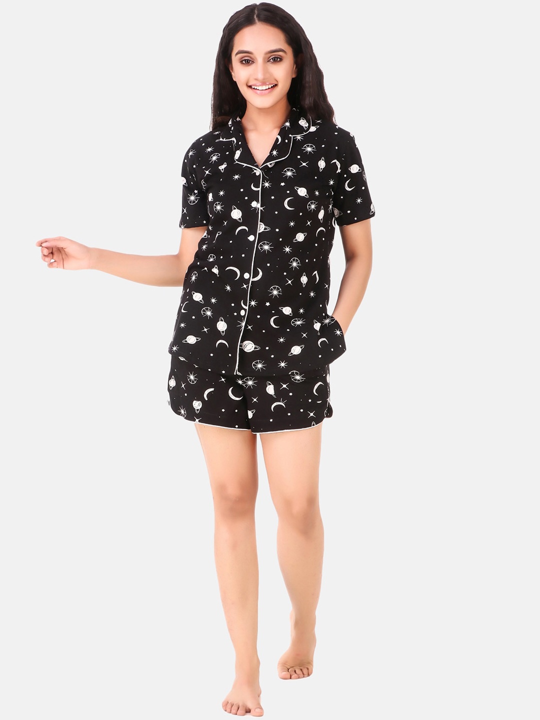 

Masha Women Black Printed Cotton Night suit