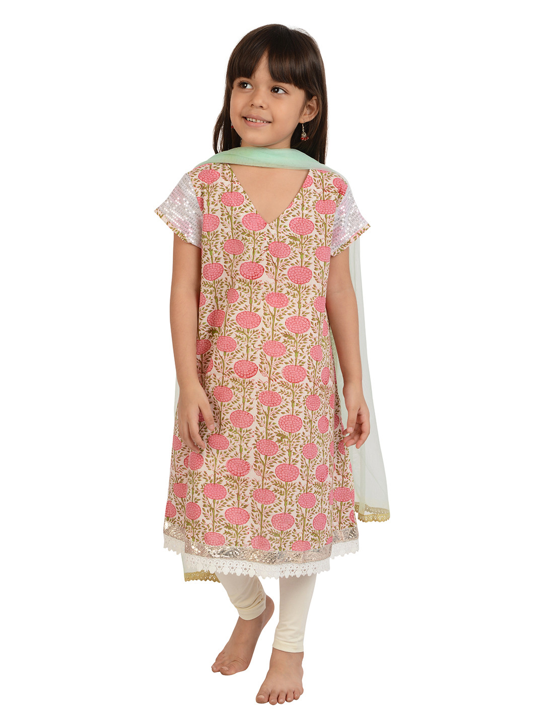 

frangipani Girls Pink Floral Printed Pure Cotton Kurta With Dupatta