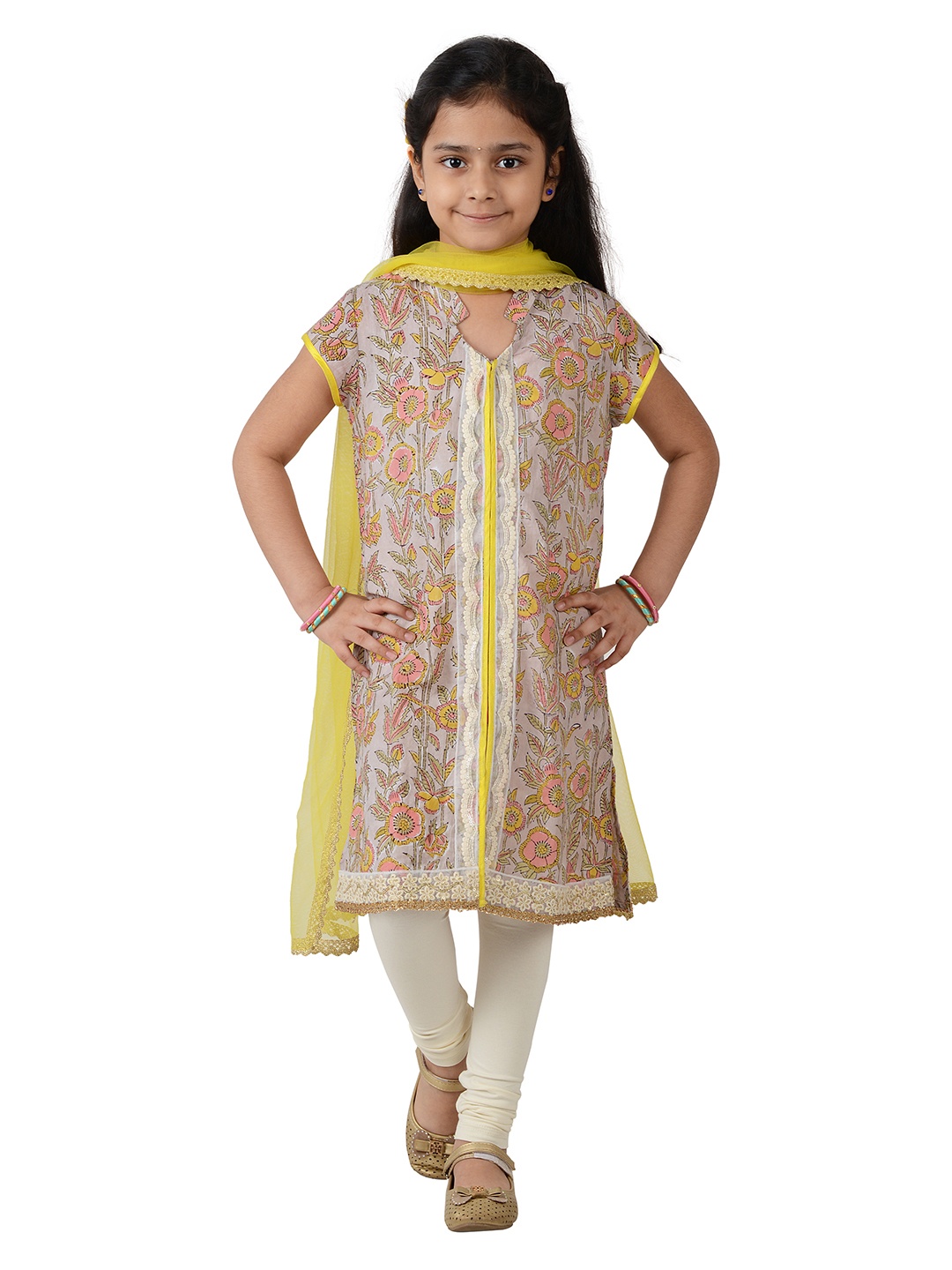 

frangipani Girls Pink Floral Printed Pure Cotton Kurta with Churidar & With Dupatta