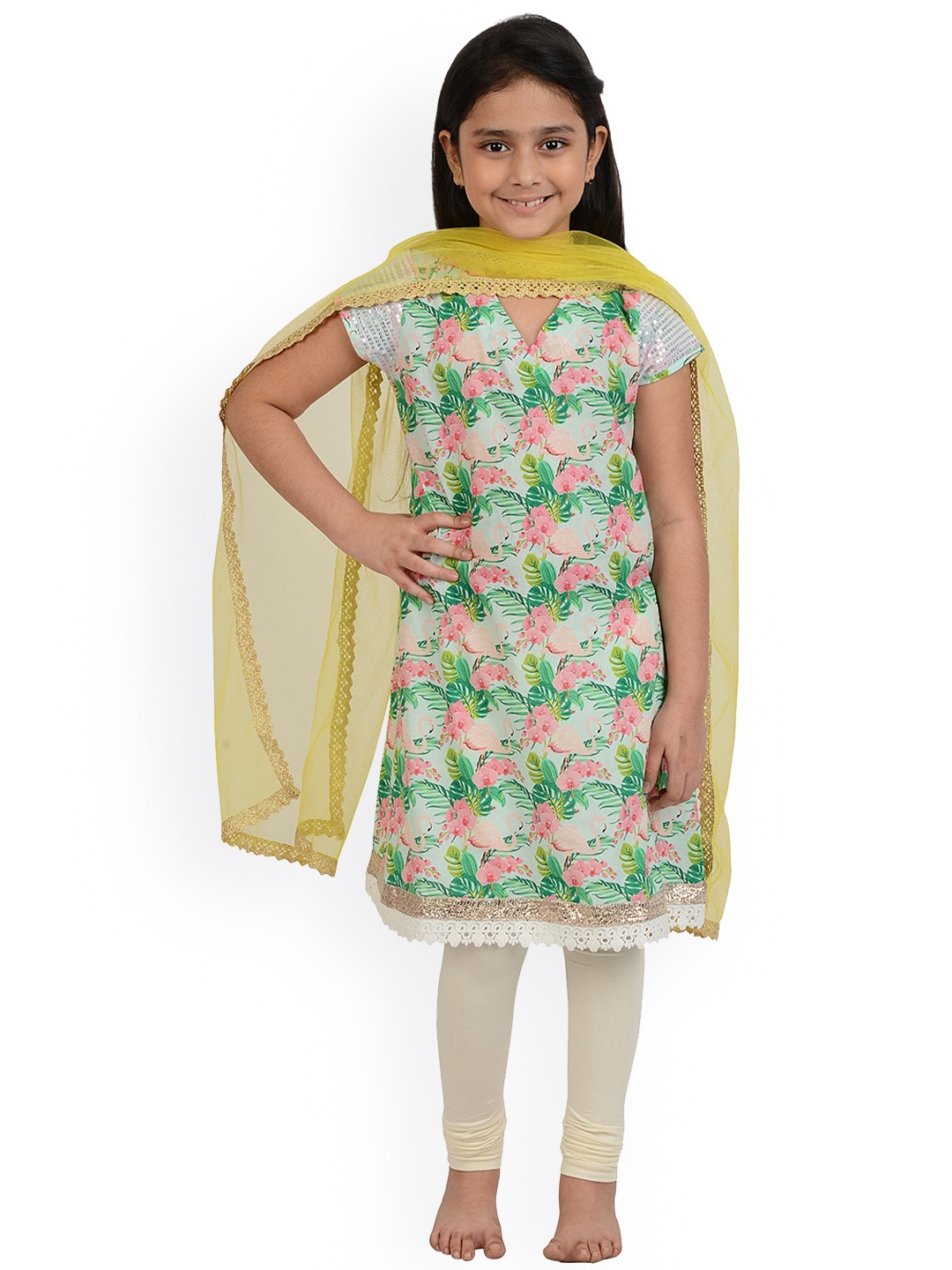 

frangipani Girls Cream-Coloured Printed Pure Cotton Kurta with Churidar & With Dupatta