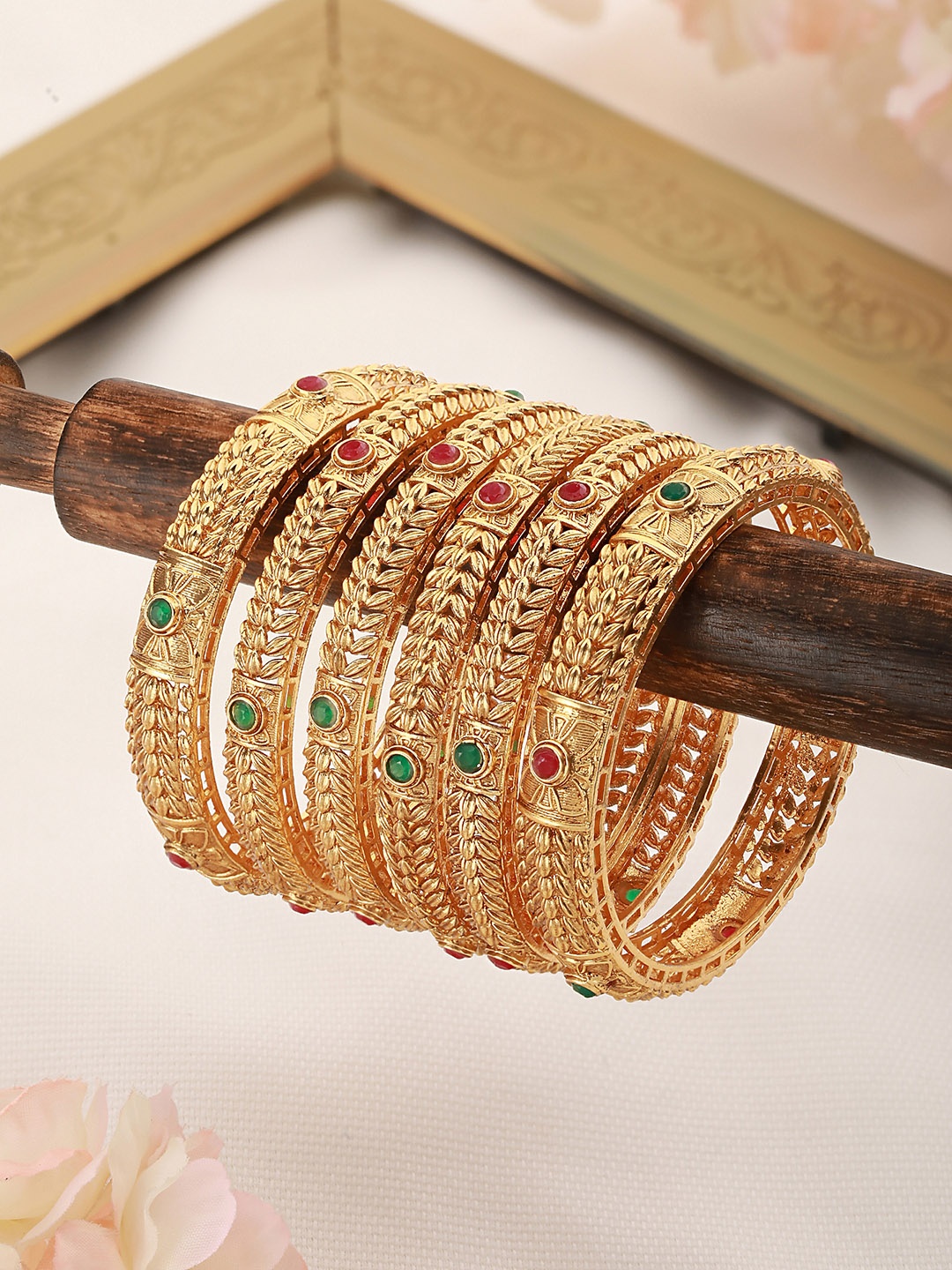 

Saraf RS Jewellery Set Of 6 Red & Gold-Toned & Plated Stone-Studded Bangles