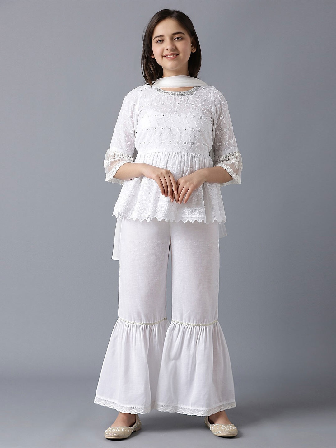

AURELIA Girls White Embroidered Pleated Thread Work Kurta with Sharara & Dupatta