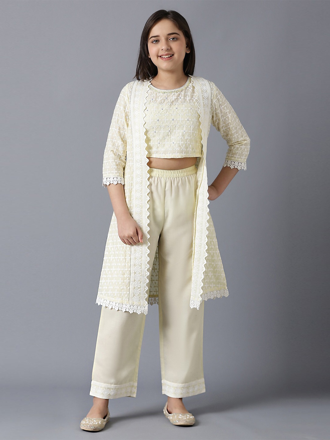 

AURELIA Girls Yellow Top with Trousers & Ethnic Jacket